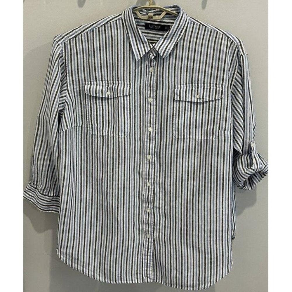 Lauren Ralph Lauren Black Label 100% Linen Stripe Long Roll Tab Sleeve Top 3X